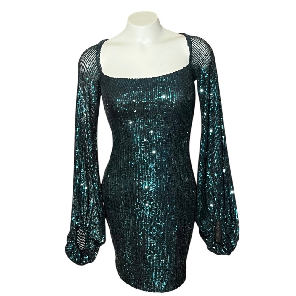 Lucy In The Sky Sequin Long Sleeve Mini Dress Square Neck Party Club Green
